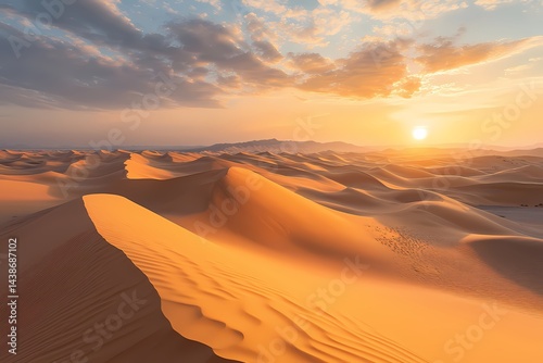 Golden desert dunes at sunset a breathtaking view of nature s artistry with warm golden light and textured sand patterns