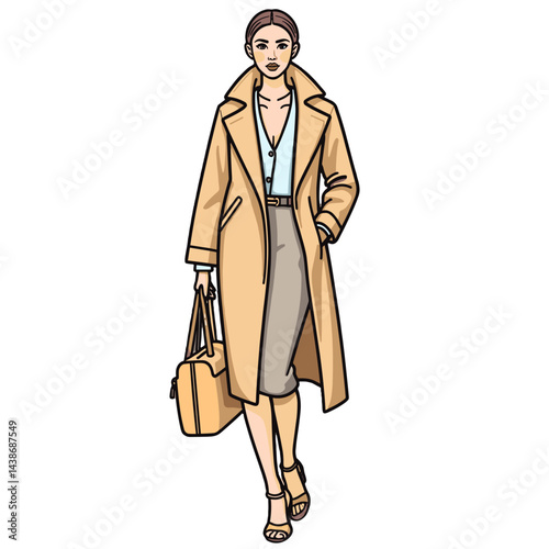 Fashionable woman walking confidently in a beige coat  