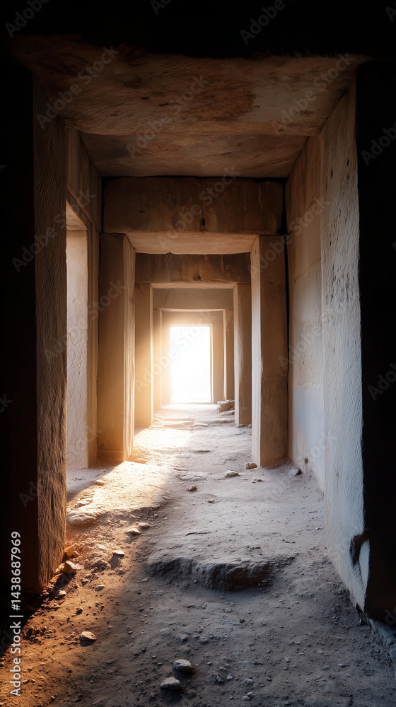 Fototapeta premium Tunnel of Light Illuminating Ancient Stone Passageway 