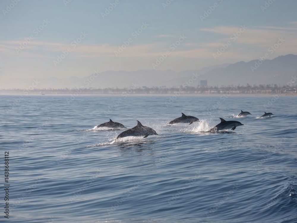 Fototapeta premium dolphins jumping gracefully in the ocean against a serene backdrop 