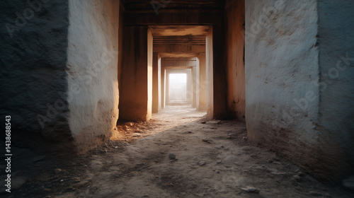 A dimly lit corridor leading to bright light  