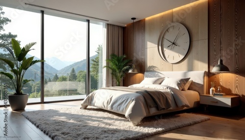 Modern bedroom with plush carpet and floor-to-ceiling windows, elegant, spacious, contemporary