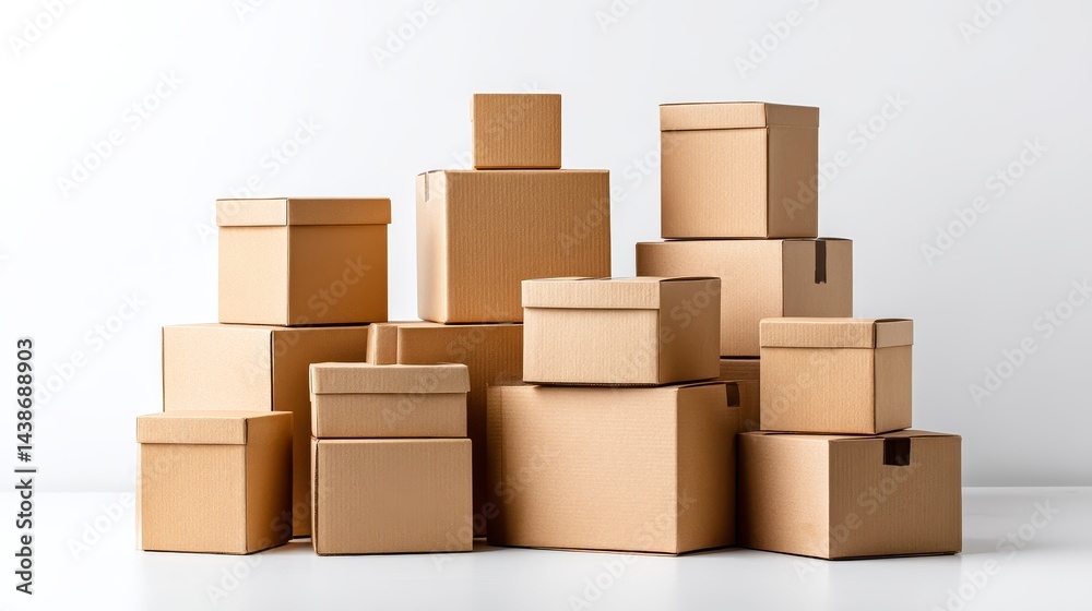 Cardboard Boxes Stacked for Shipping - A collection of various sized cardboard boxes neatly stacked against a white background. Perfect for moving, storage, or shipping concepts Cardboard Boxes Stacked for Shipping - A collection of various sized cardboard boxes neatly stacked against a white background. Perfect for moving, storage, or shipping concepts