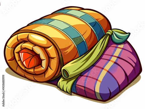 A high-quality vector illustration of a cozy sleeping bag rolled out with a pillow, isolated on a white background
