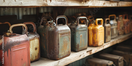 Old metal jerry cans with gasoline stand on shelves. Rusty, weathered containers in wooden shed. Fuel storage, energy reserve, vintage design. Gasoline, oil, automotive industry concept