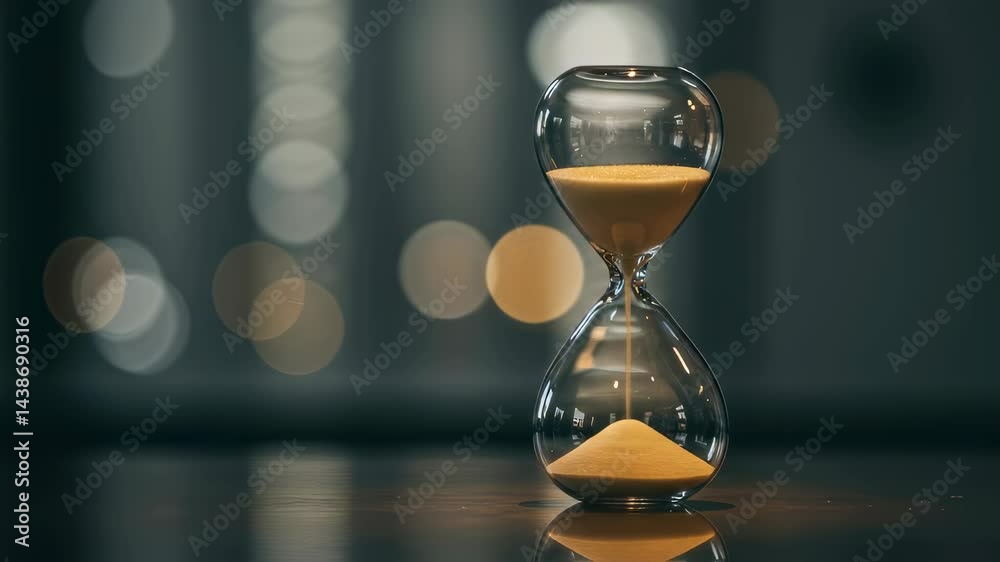 Close up of sand flowing in hourglass timer on table. Time passing, running out countdown clock concept video footage for deadline and business project management.