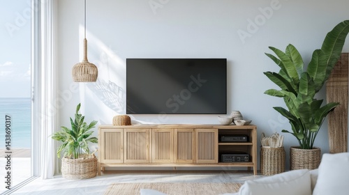 A beach house living room with a sea view.  It has a TV stand, wooden cabinet, and simple white walls.
