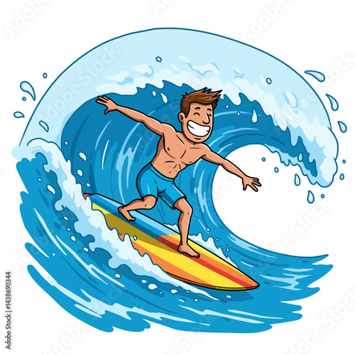 Happy surfer rides a huge wave vibrant cartoon style, ocean fun vector illustration 
