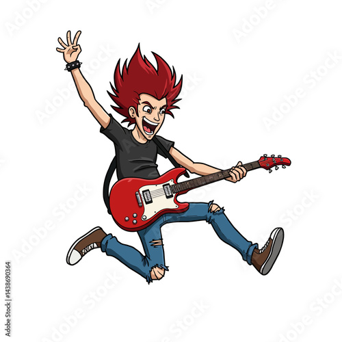 Energetic rocker jumping playing red guitar vibrant cartoon style vector illustration