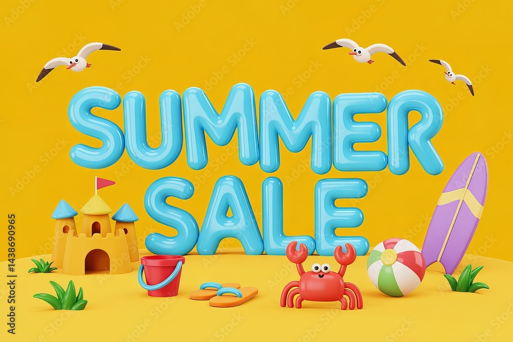 Fototapeta premium 3D Summer Sale Text with Sandcastle, Crab, Beach Ball, Seagulls on Yellow Background