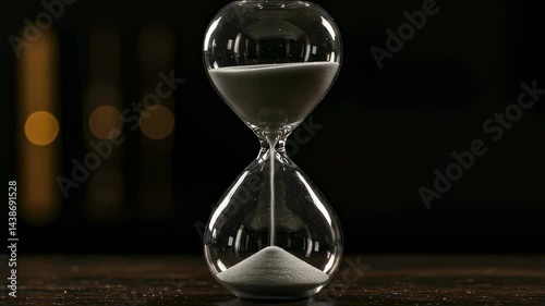 Sand running through hourglass on dark background. Time lapse of hourglass with sand pouring in video. Time limit concept. Motion footage for deadline countdown and passing time.