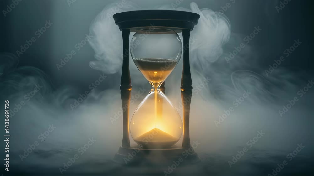 Sand flowing in hourglass surrounded by smoke. Time passing concept with ancient clock. Measurement of time video for history and vintage themes