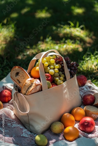 A tote bag filled with fresh fruit and bread, displayed on a picnic blanket under dappled sunlight