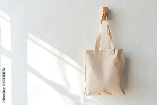 A tote bag with a minimal design, hanging from a wooden peg against a bright white wall