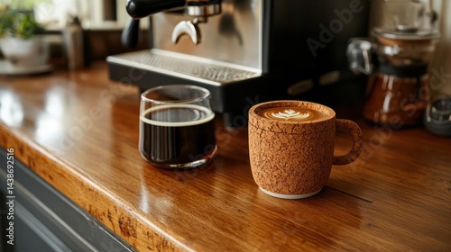 An eco-friendly coffee cup with cork details, sitting on a polished wooden counter next to freshly brewed coffee