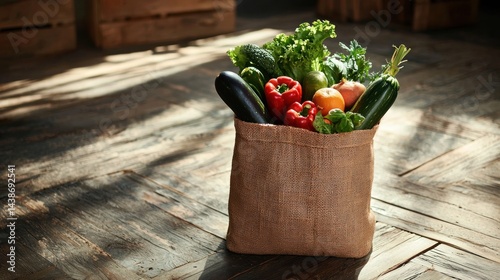 An eco-friendly jute bag filled with fresh vegetables, sitting on a rustic wooden floor in soft lighting