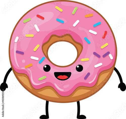 Cute smiling pink frosted donut with colorful sprinkles cartoon character vector illustration 