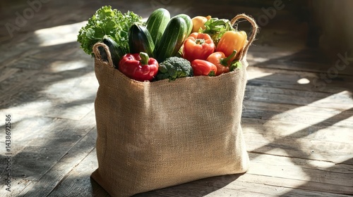An eco-friendly jute bag filled with fresh vegetables, sitting on a rustic wooden floor in soft lighting