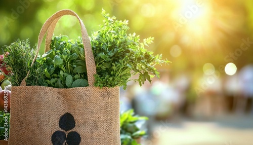 An eco-friendly jute bag filled with fresh herbs and vegetables, set against a bright outdoor farmers market scene