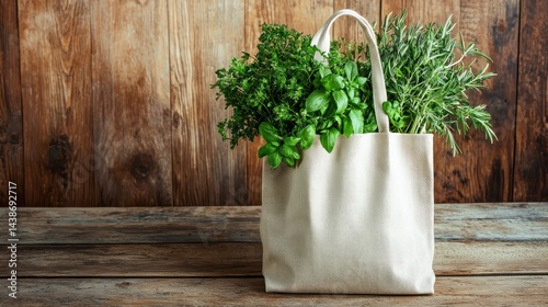 An eco-friendly shopping tote filled with fresh herbs, displayed on a rustic wooden kitchen table