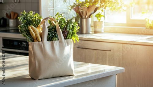 An eco-friendly tote bag filled with groceries, displayed on a clean kitchen counter with sunlight streaming through a nearby window
