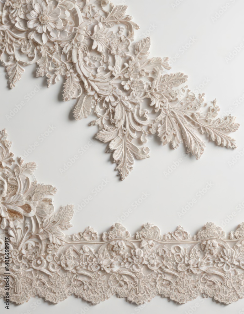 Fototapeta premium Elegant vintage lace trim, classic ornate design, textured white backdrop , trim, lace