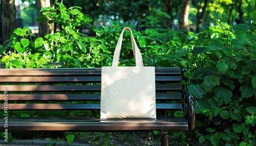 An eco-friendly tote bag with a minimalist design, displayed on a park bench surrounded by greenery