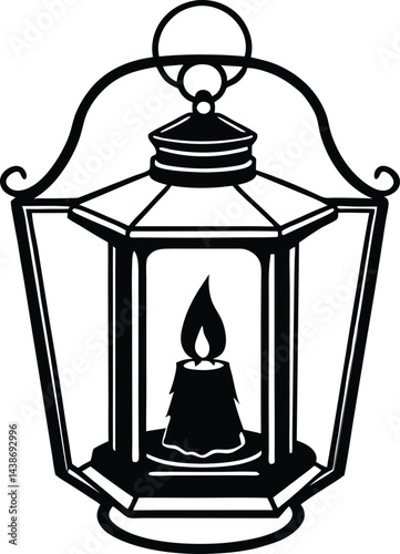 Vintage Lantern Silhouette with Candle Flame and Ornate Design 