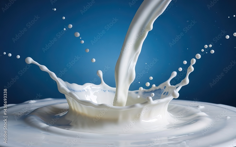 Milk Pouring Creates Splash, Droplets, and Crown Impact on Blue Background Milk Pouring Creates Splash, Droplets, and Crown Impact on Blue Background