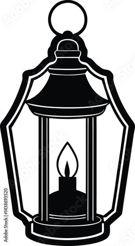 Vintage Lantern Silhouette with Candle Flame and Ornate Design 