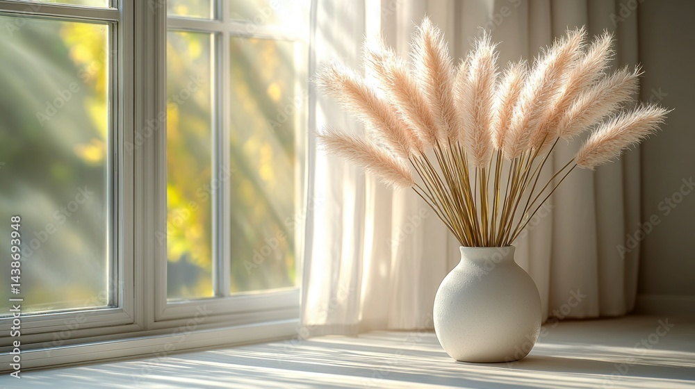 Pampas grass by a window, soft light, and neutral tones Pampas grass by a window, soft light, and neutral tones