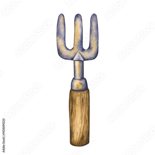 Pitchfork. Watercolor hand drawn gardening tool rake. Illustration of gardening tools isolated on white background. Hand drawn tools for harvesting crops, gardens, and house plants for creative design
