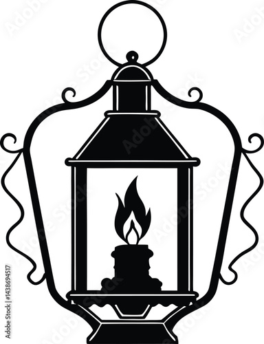 Vintage Lantern Silhouette with Candle Flame and Ornate Design 