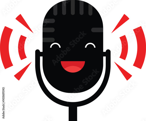Happy vintage microphone with sound waves and smiling face vector illustration design