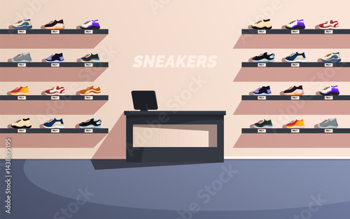 minimalist sneaker store interior, vector illustration