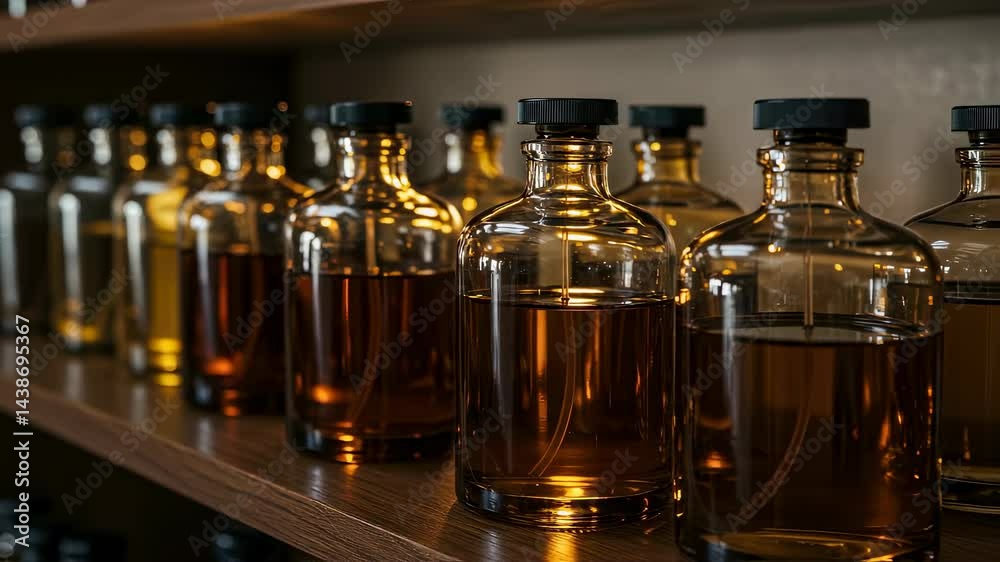 Collection of amber glass bottles filled with liquid on wooden shelf. Close up of different sized bottles with fragrances on a shelf. Perfume shop display motion footage background. Collection of amber glass bottles filled with liquid on wooden shelf. Close up of different sized bottles with fragrances on a shelf. Perfume shop display motion footage background.