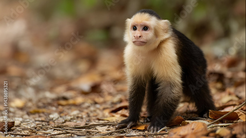A Capuchin Monkey crouching on the forest floor, its eyes trained on something in the distance.