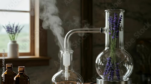 Steam rises from glass beaker during essential oil extraction process with lavender. Close view of aromatherapy distillation video. Herbal remedy and wellness concept motion footage.