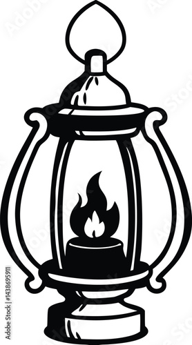 Vintage Lantern Silhouette with Candle Flame and Ornate Design 