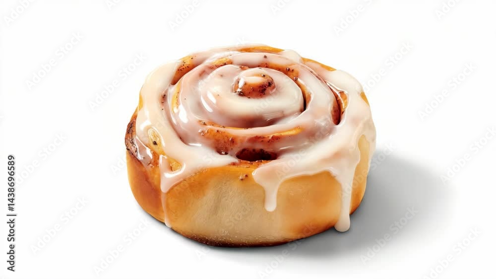 Delicious freshly baked cinnamon roll topped with creamy icing on a plain background Delicious freshly baked cinnamon roll topped with creamy icing on a plain background