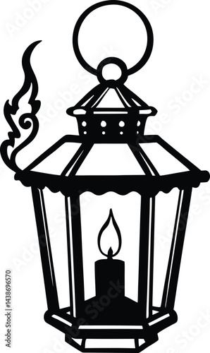 Vintage Lantern Silhouette with Candle Flame and Ornate Design 