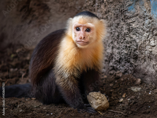 A Capuchin Monkey sitting on the ground, holding a small rock, with a mischievous look in its eyes.
