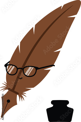 Brown quill feather with glasses and ink bottle vintage writing tool vector illustration 