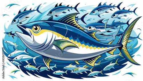 Very beautiful tuna in the sea attacks a flock of herring generated by white background 