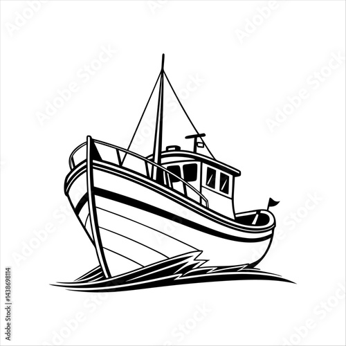 Silhouette of a vintage luxury Yacht, ship, fishing boat, black and white, white background, isolated on a vector illustration