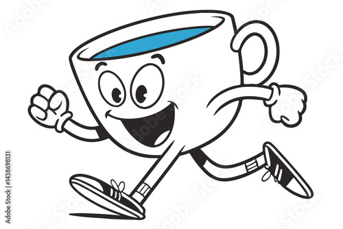 Energetic Coffee Cup Cartoon Character Running, Promoting Morning Energy and a Fast-Paced Lifestyle, Vector Illustration.