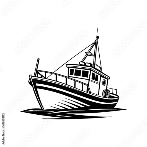 Silhouette of a vintage luxury Yacht, ship, fishing boat, black and white, white background, isolated on a vector illustration