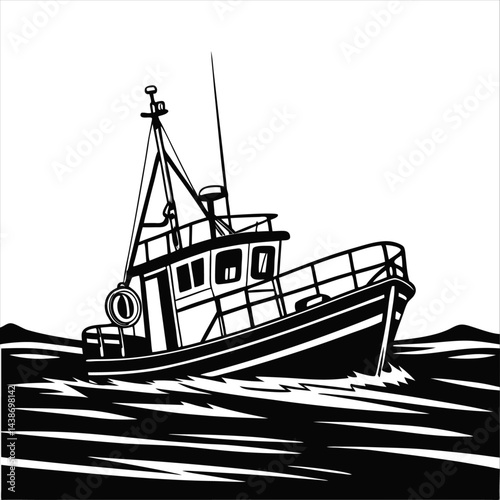 Silhouette of a vintage luxury Yacht, ship, fishing boat, black and white, white background, isolated on a vector illustration