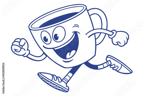 Cartoon Coffee Cup Running Illustration, Vector Mascot with Winking Eye, Beverage Advertising, Coffee Shop Logo, Energetic Start.