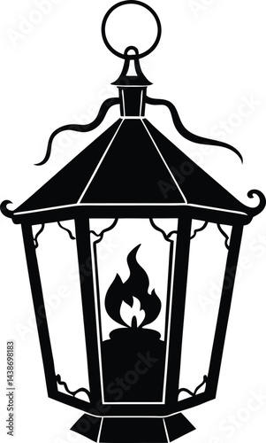 Vintage Lantern Silhouette with Candle Flame and Ornate Design 
